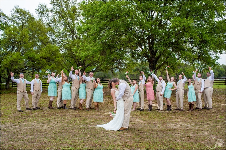 mint and peach wedding party, orlando backyard wedding