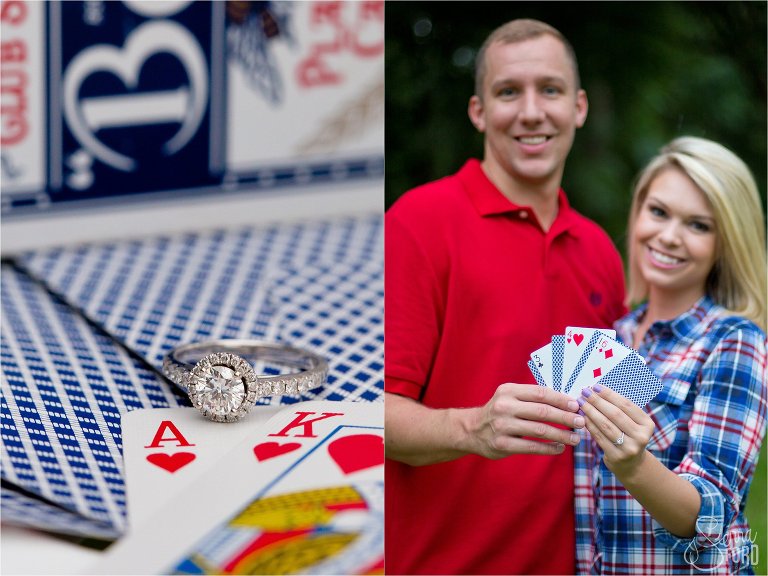 Engagement ring with playing cards and couple showing wedding date 