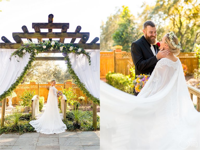 wedding dress with a cape at Harmony Gardens