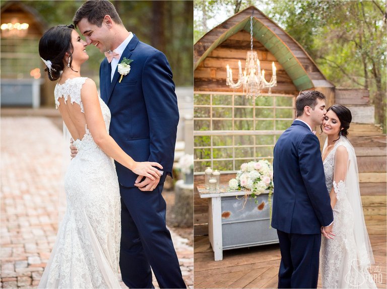 Bride and groom posing and kissing at altar