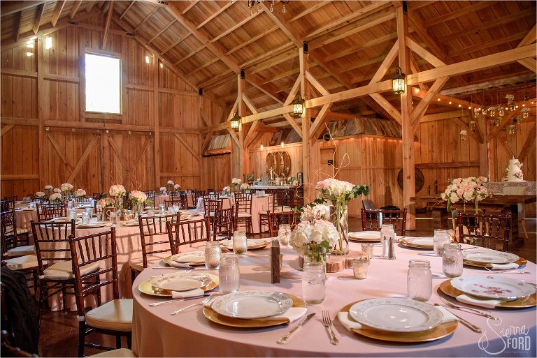 Bridle Oaks barn reception decor room with blush pink decor