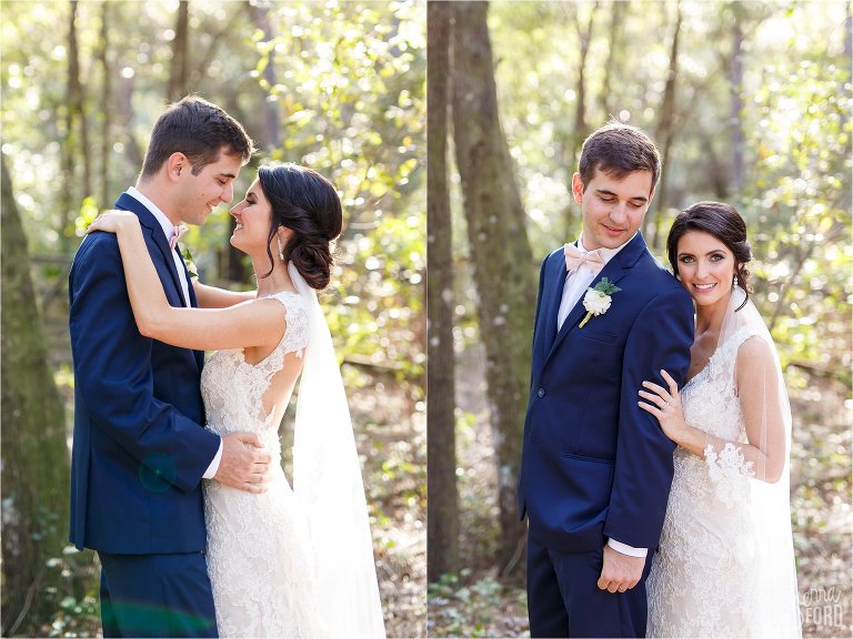 Bride and groom looking at each other and hugging in forest