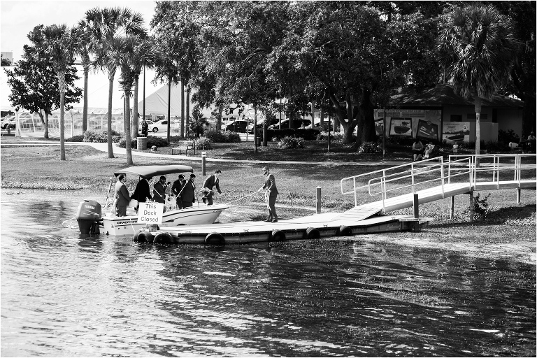 Groomsmen arriving by boat