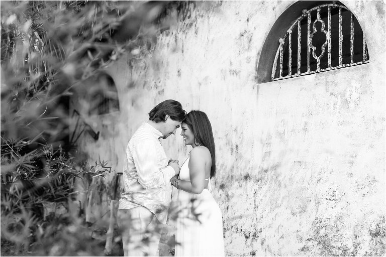 Adorable black and white photo with couple forehead to forehead