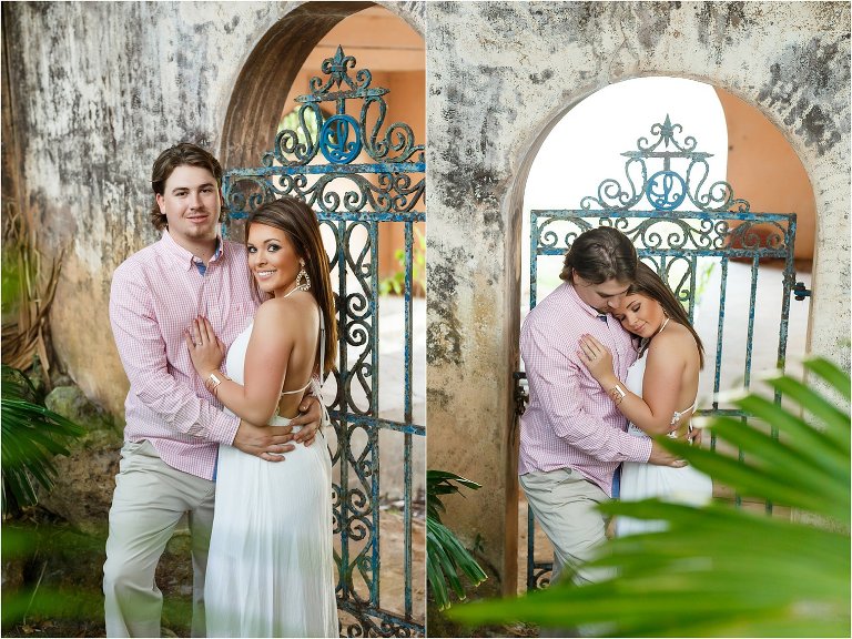Side by side photo of couple in archway with wrought iron gate