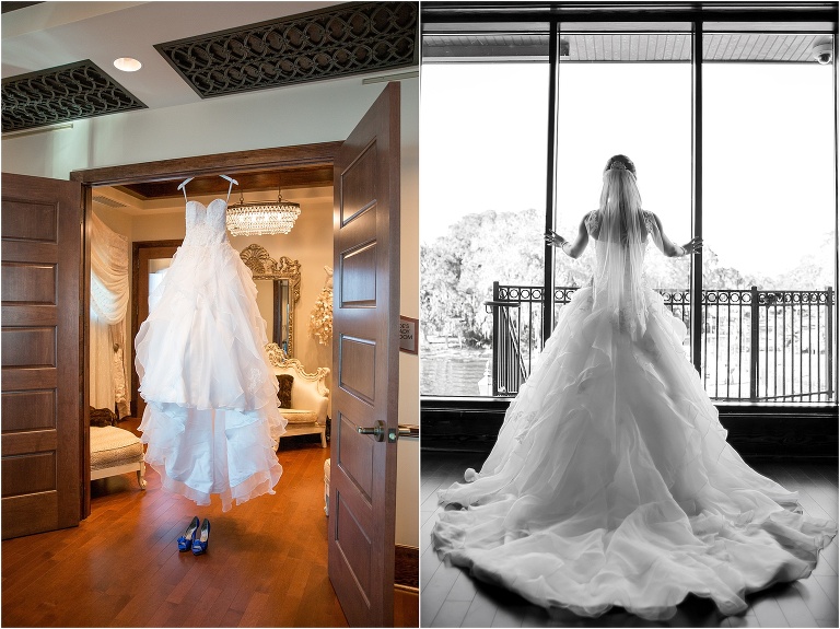 Side by side shot of wedding gown hanging in doorway and bride in gown looking out the floor to ceiling window