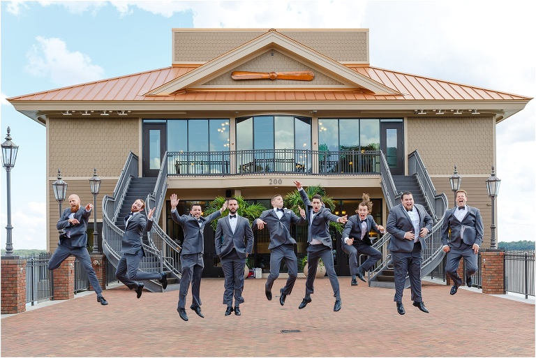 Groom and groomsmen caught midair jumping for joy