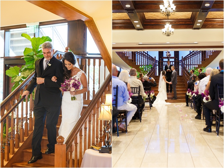 Side by side shots of father walking daughter down the aisle and bride and groom exchanging vows