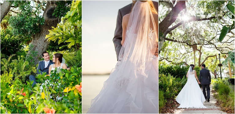 Three photos of bride and groom exploring the grounds of Tavares Pavilion