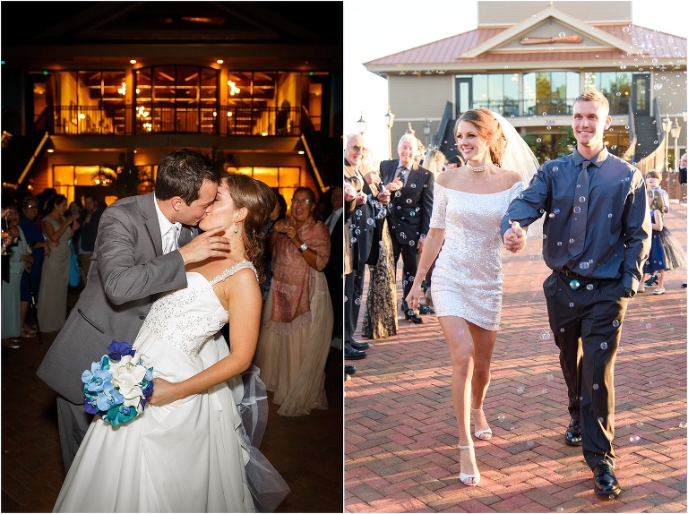 Side by side shots of husband and wife kissing at end of grand exit and grand exit during the day with bubbles