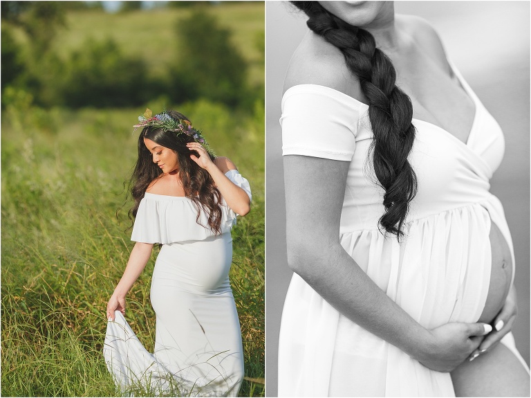 Side by side shots of mom in 2 different flowing white maternity dresses