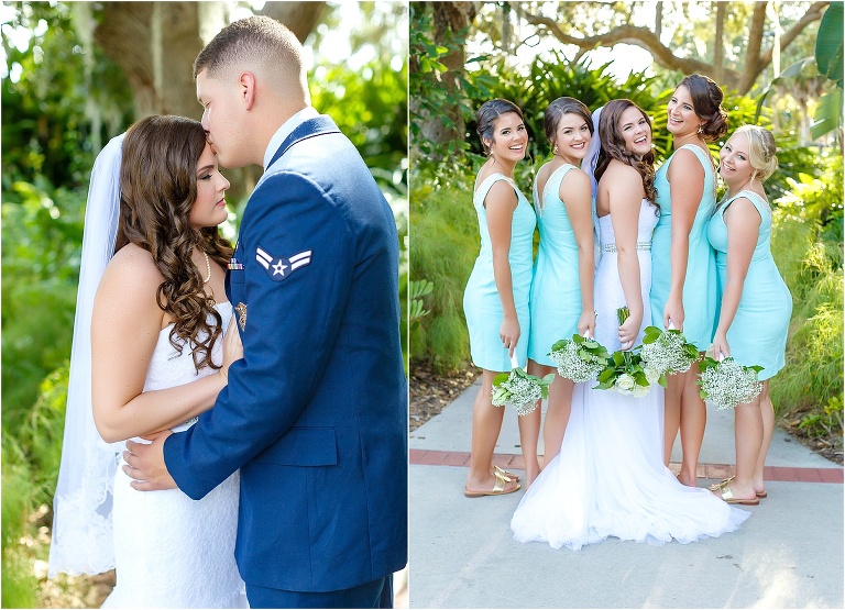 Side by side shot of the bride & groom and the bride & her bridesmaids in their teal bridesmaid dresses