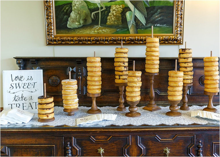Delicious Publix donuts on DIY donut holders made by the bride