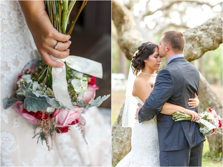 side by side shot, on the left a closeup of the bride's ring and flowers, on the right the groom kisses the bride's forehead