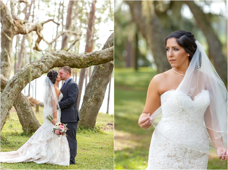 side by side shot, on the left the bride and groom kissing under an oak tree, on the right the bride adjusts her veil 