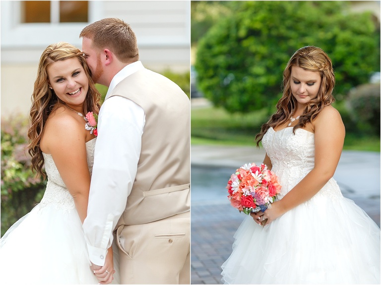 side by side shot, on the left the groom whispers a secret to his bride, on the right a solo shot of the bride looking stunning