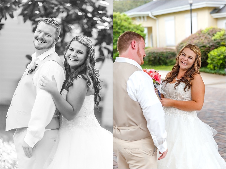 side by side photos of the groom making the bride grin from ear to ear