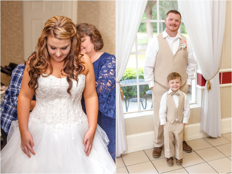 Side by side photo of the bride getting her dress son and the groom posing with his adorable son all dressed up