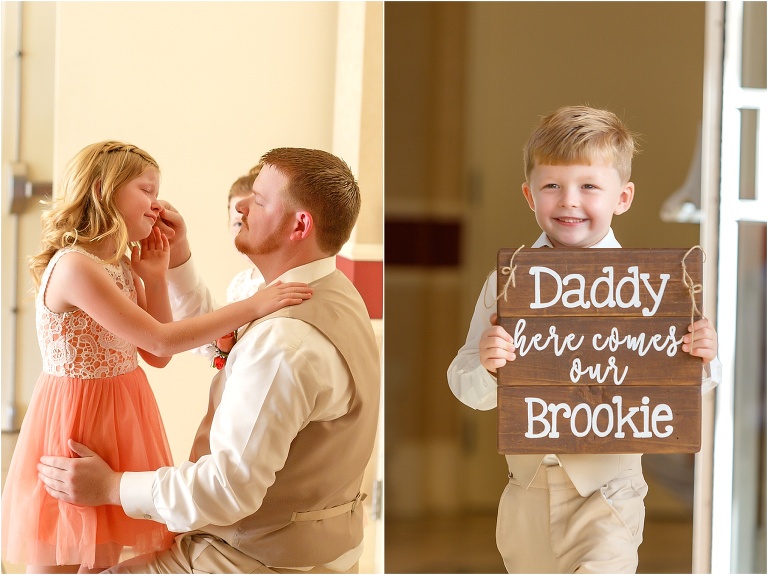 side by side shot, on the left the groom wiping the tears of joy from his daughter's cheek, on the right the groom's adorable son coming down the aisle
