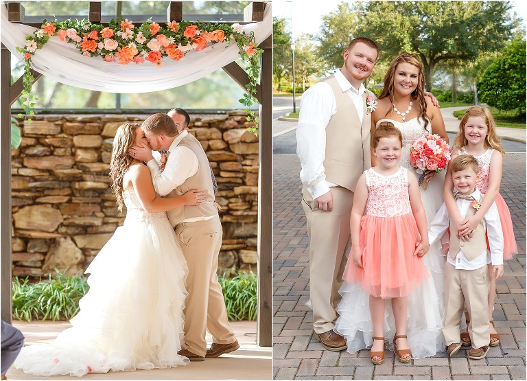 side by side shot, on the left the couple's first kiss as husband & wife, on the the right the new Brown family