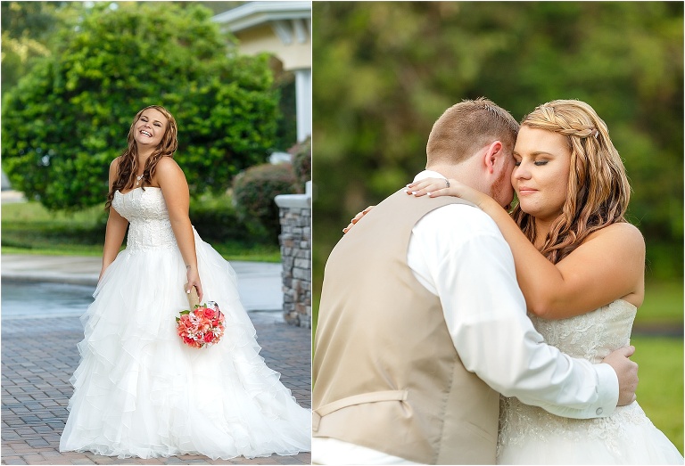 side by side shot, on the right the bride laughs, on the left the couple shares a quiet moment before the ceremony begins