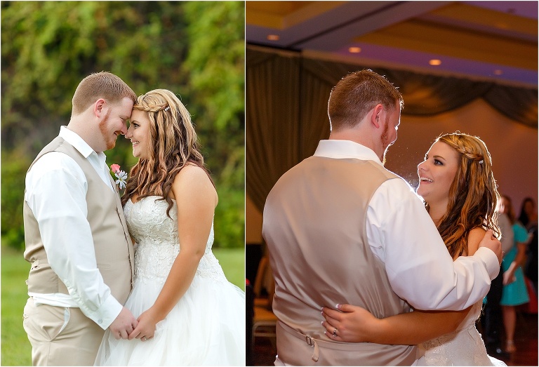 side by side photos of the bride & groom, on the left before their ceremony, on the right enjoying their first dance