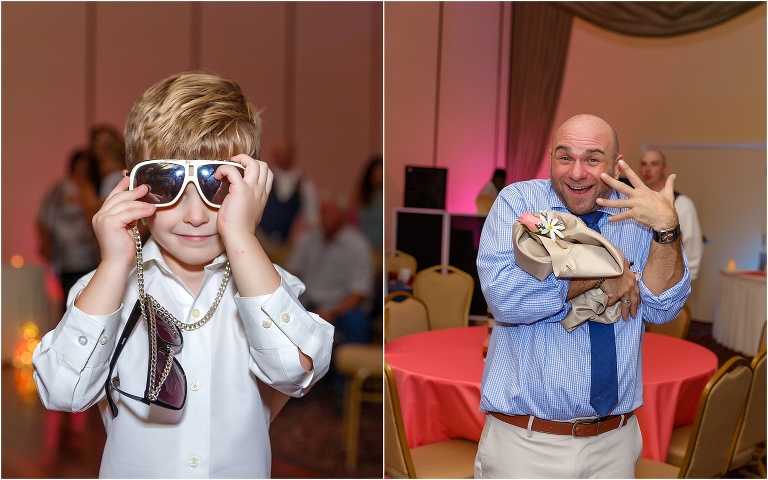 side by side photo, on the left the groom's son showing off his sunglasses, on the right wedding coordinator, Chris, mugs for the camera
