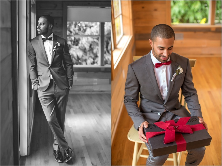 on left, the groom gazing out the window, on right, the groom about to open his gift from his bride