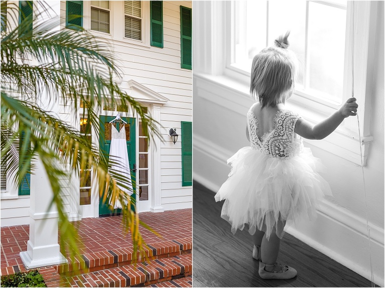 on left, the bride's Hayley Paige dress hangs on the front door of the Cypress Grove Estate House, on right the flower girl stares out the window