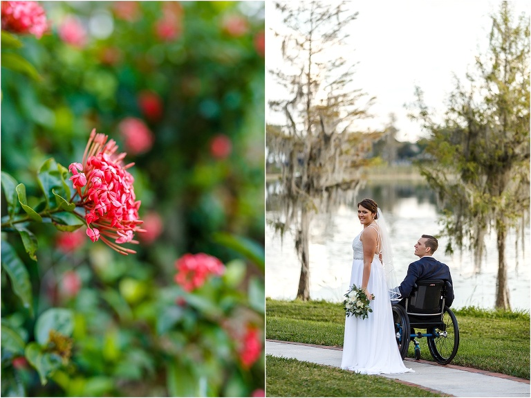 on left, gorgeous flowers at Cypress Grove, on right, the bride & groom wander around Lake Jessamine