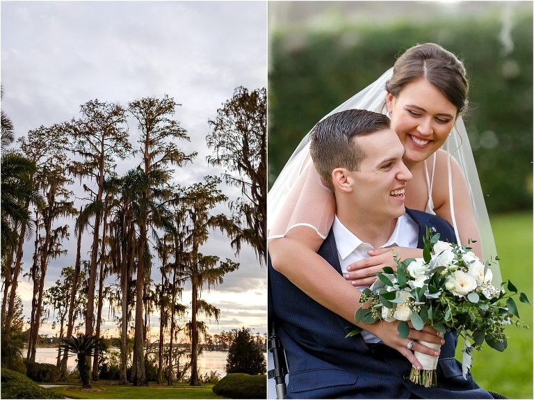 on left, the gorgeous tall oak trees that line Lake Jessamine, on right the bride and groom are all smiles