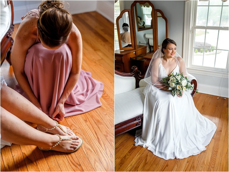 on left, a bridesmaid in her coral Azazie dress helps the bride buckle her shoes, on right, the bride relaxes on a chaise lounge in the bridal room at Cypress Grove Estate