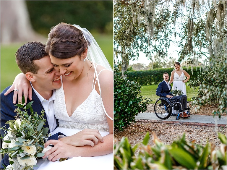 on left, the bride & groom nuzzle up giggling, on right, the bride stands next to her handsome groom in his wheelchair as he holds her Flowers by Lesley bouquet