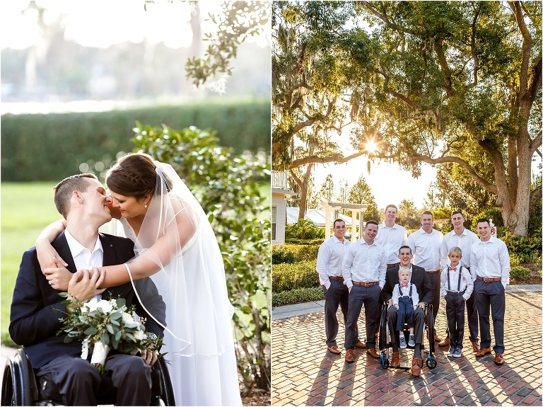 on left, the bride leans down to kiss her groom, on right the groom & his groomsmen looking dapper as the sun sets behind the Cypress Grove Estate House