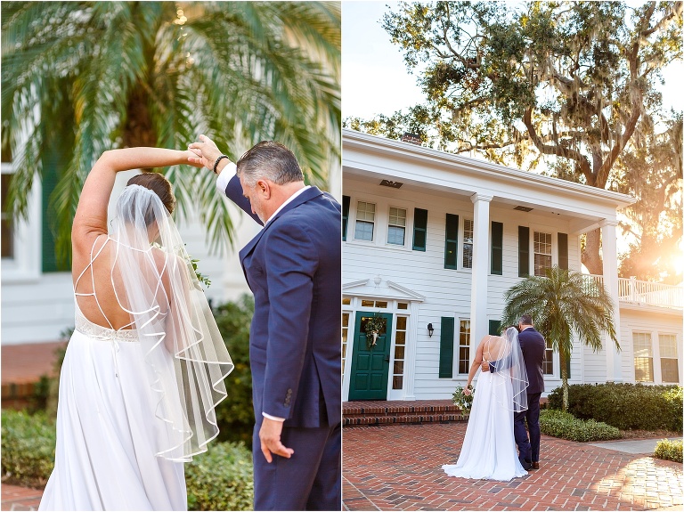 on left, the father of the bride gives her a spin, on right, the bride rests her head on her father's shoulder in front of the Cypress Grove Estate House