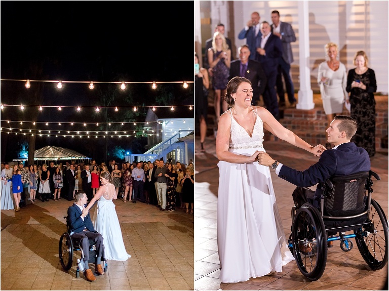 on left, the bride and groom share their first dance under the market lights at the Estate House at Cypress Grove, on right, the bride laughs as she shares her first dance with her new husband