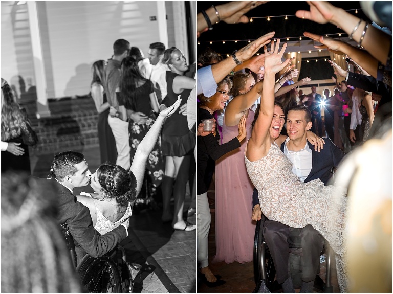 on left, the bride throws her arm up with joy as her new husband kisses her on the dance floor, on right, the groom wheels his new bride on his lap through the arms of their loved ones during their grand exit