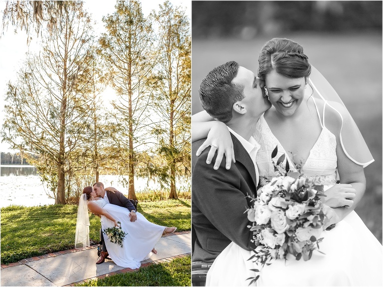 on left, the groom dips his bride across his lap for a kiss as the sun sets over Lake Jessamine, on right, the bride laughs as the groom whispers in her ear