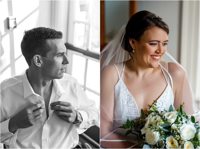 on left, the groom finishes buttoning up his shirt, on right, the bride smiles holding her Flowers by Lesley bouquet