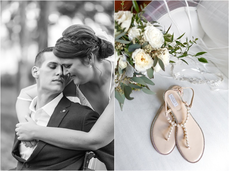 on left, the bride hugs her groom from behind, on right, the bride's Kailee P shoes