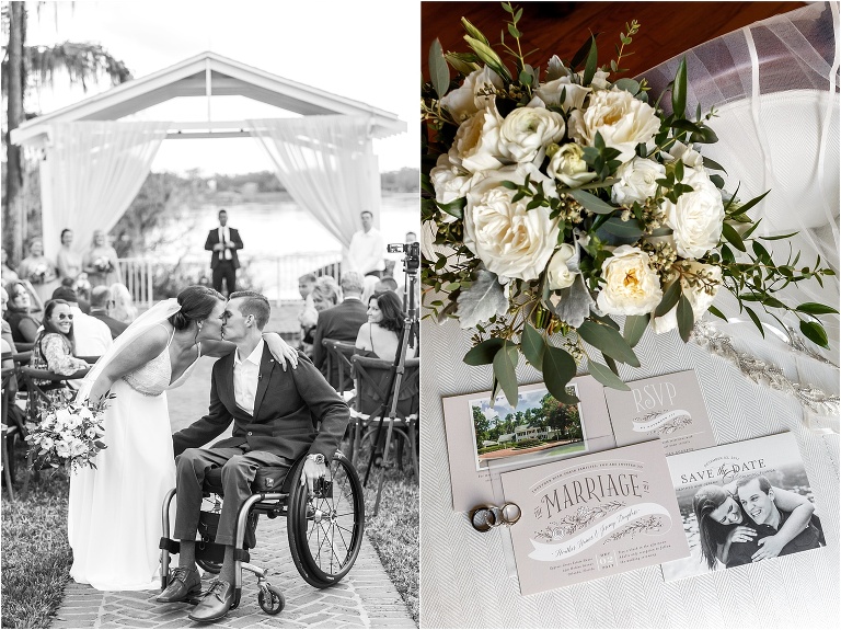 on left, the now husband & wife share a kiss after their ceremony, on right, the couple's invitation suite from Minted & the bridal bouquet designed by Flowers by Lesley