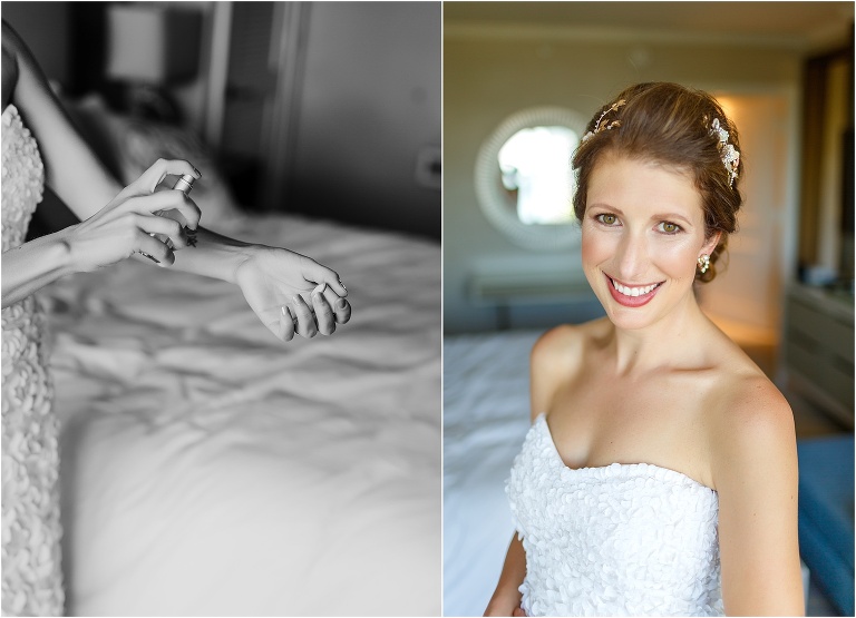 on the left, bride sprays perfume, on right, the blushing bride smiles for the camera