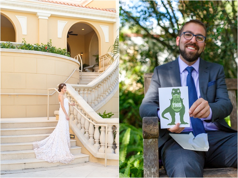 on left, bride on the stairs of the Ritz Carlton Sarasota, on right the groom shows off his card from the bride