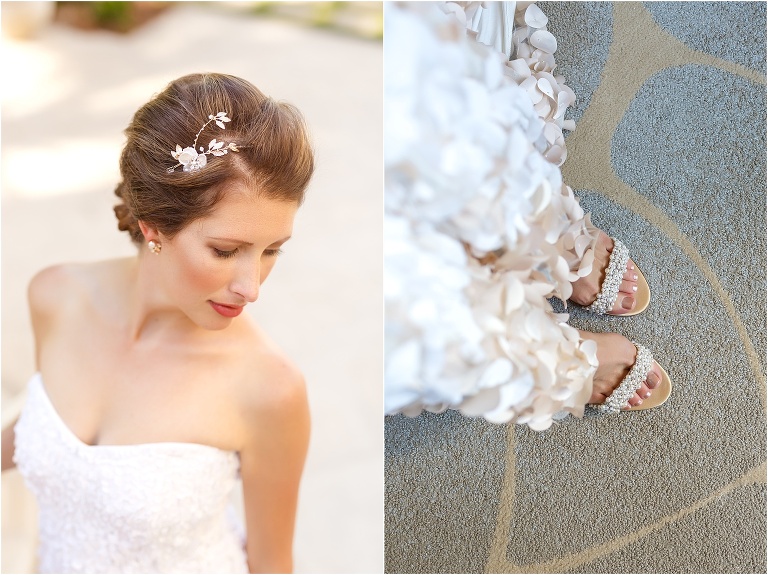 on left, the bride's gorgeous headpiece from Eden Luxe Bridal, on right, the bride's shoes from Something Bleu