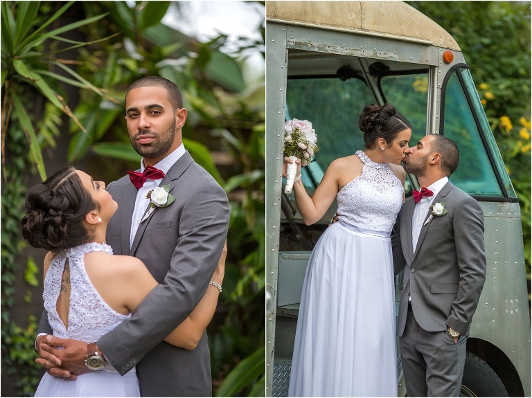 on left, the bride looks up at her handsome groom, on right, the bride and groom kiss in the van
