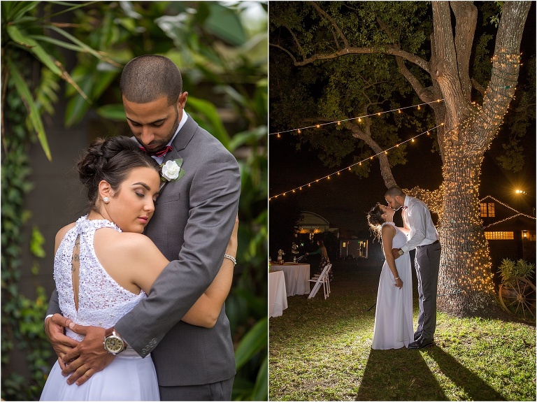 on left, bride and groom embrace, on right, husband and wife kiss under the twinkle lights