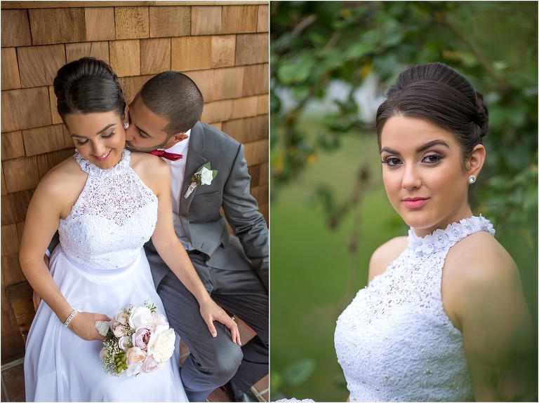 on left, the bride smiles as her groom kisses her neck, on right, the bride takes a moment alone