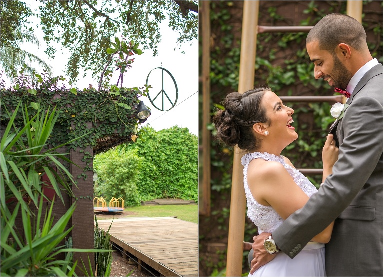 on left, the peace sign that hangs from the trees, on right, the couple embracing and smiling at each other