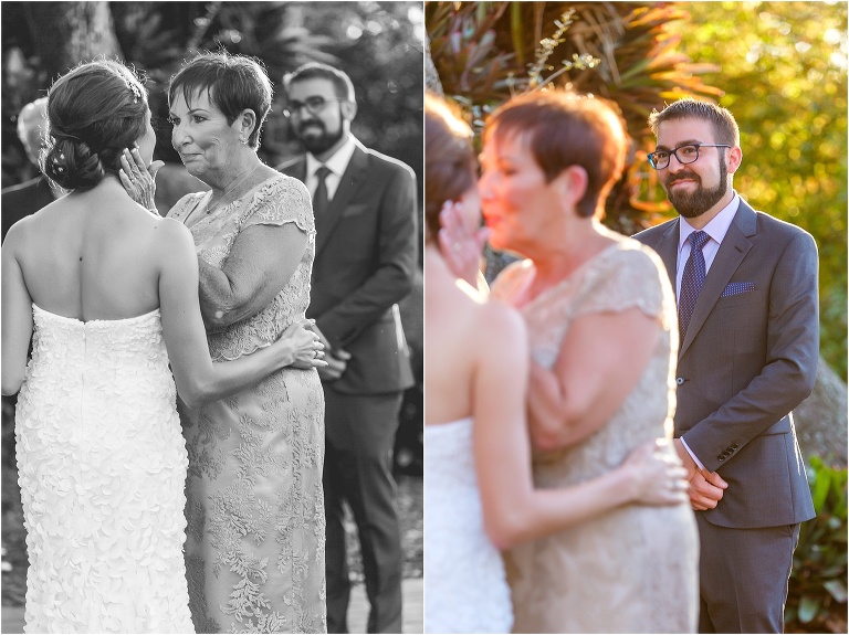 on left, mother of the bride kisses her daughter as she gives her away, on right, groom looks lovingly at his bride and her mother