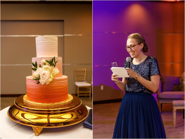 on left, sweet hombre cake by Pastries by Design, on right, matron of honor gives her hilarious and emotional toast